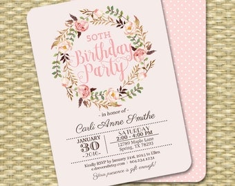 Printable Adult Birthday Invitation Watercolor Floral Birthday Invite Milestone Birthday PRINTING AVAILABLE