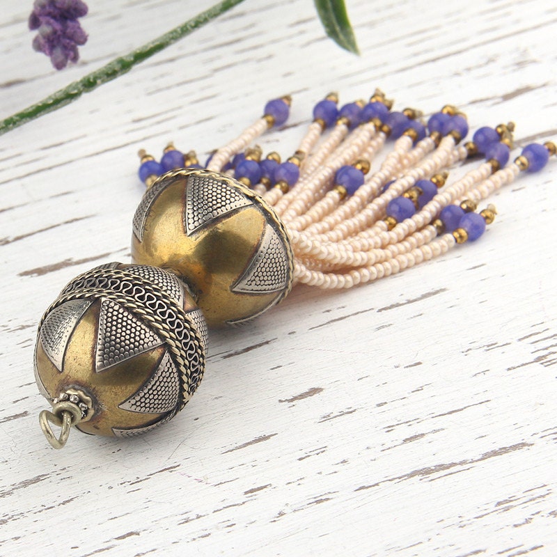 Large Tibetan/Afghan Bead Tassel with Large Metal Bead/Cap, Ethnic