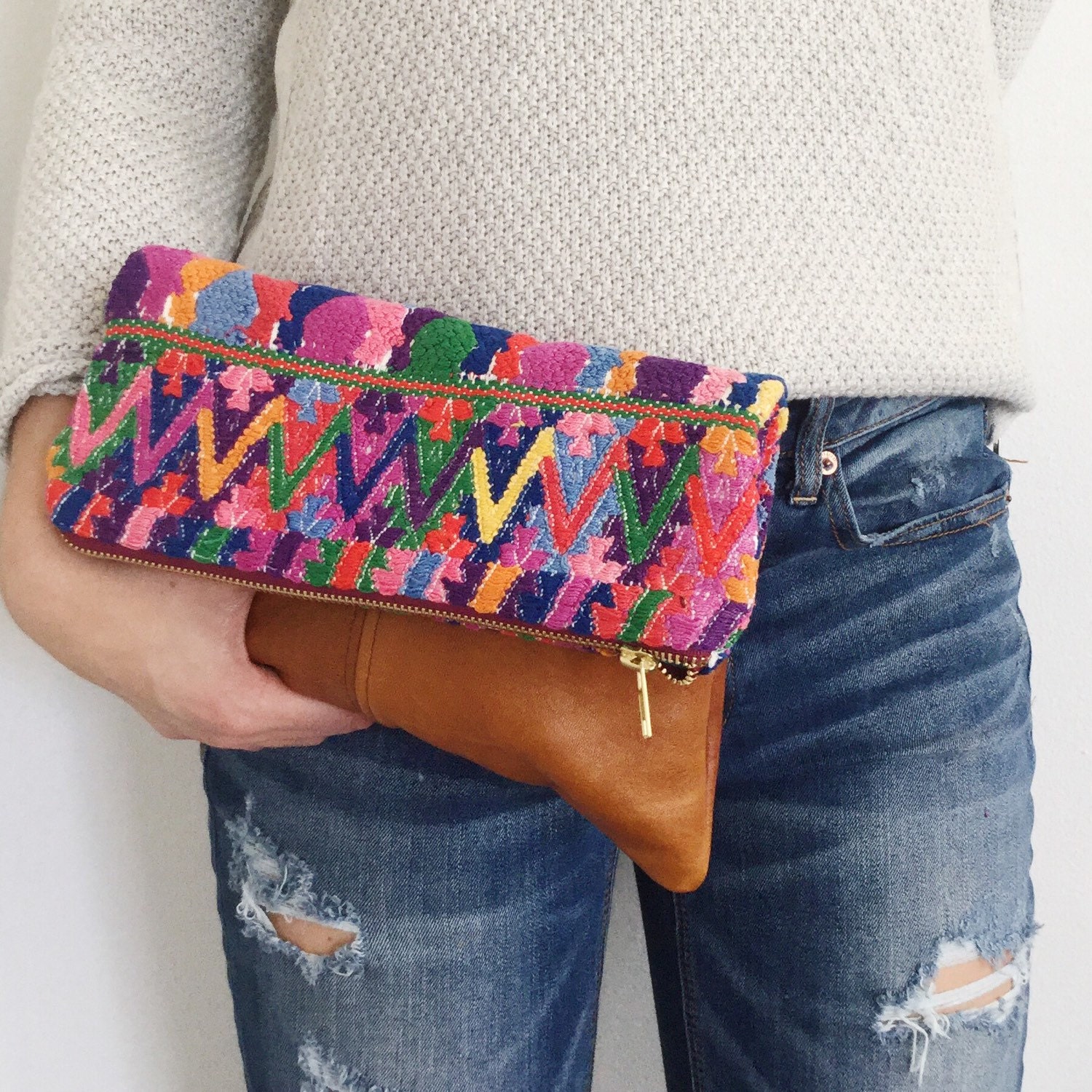 guatamalan woven leather fold over clutch