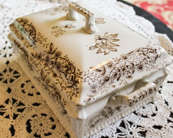 AFE Co Eli Smere Staffordshire Aesthetic Brown and White Covered Dish