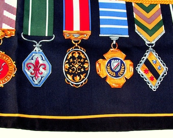 SALE Vintage Designer Medals and Ribbons Silk Scarf 36" x 36"