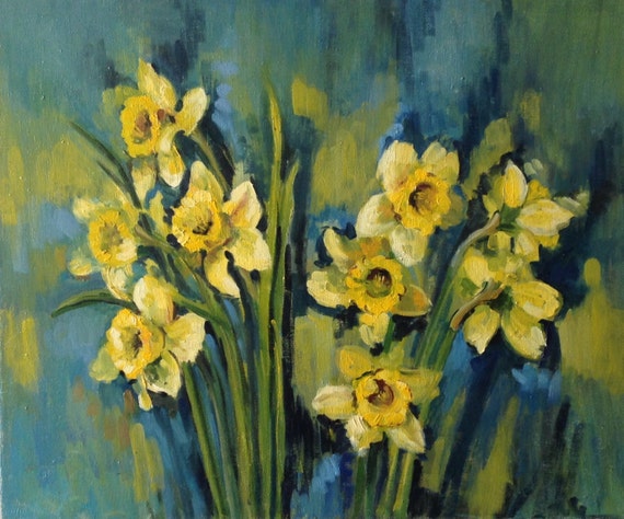 Oil painting with daffodils yellow spring flowers . Original