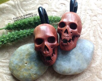 Fake Gauge Earrings, "Savage Skull" Natural, Saba Wood/Horn, Hand Carved, Tribal