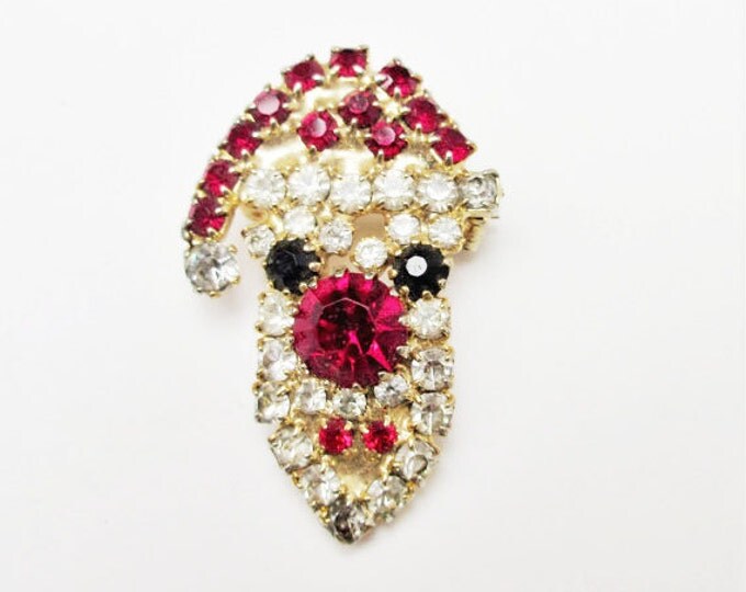 Santa Claus Brooch - Red White Black Rhinestone - Santa with stocking hat - Christmas Holiday Pin