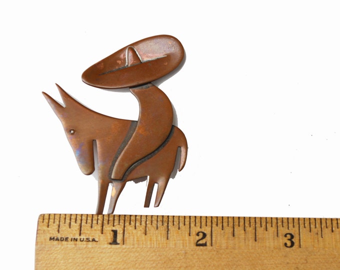 Copper Mexican man Brooch - Sombrero Donkey - Otto R. Bade - Orb signed Handwought - Mid century Mod Pin