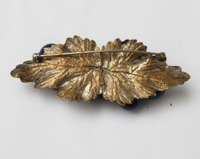 Leaf Berry Brooch - flower - Gold Brass leaves - Blue Berries Grapes Pin - Victorian Bar Brooch