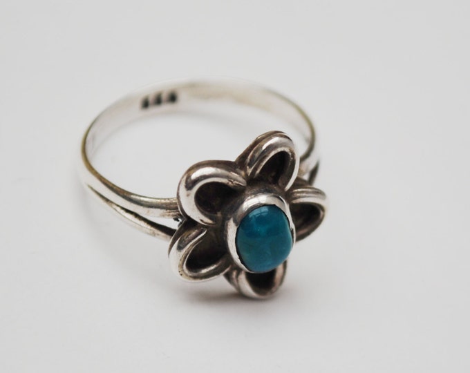 Sterling turquoise Flower Ring - Silver floral blue gemstone -Boho - size 7