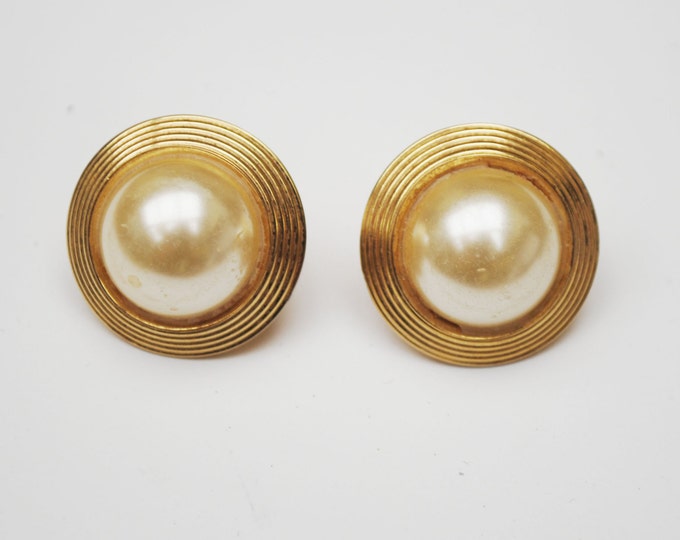 Napier Earrings Gold and Pearl Button Round pierced with clip earrings