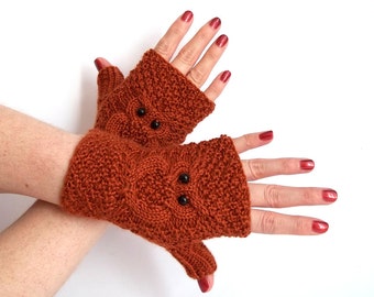 Knit Owl Gloves. Knit Fingerless Gloves. Knit Mittens. Knitted Wrist Warmers. Hand Knit Gloves. Terracotta Owl Mittens.