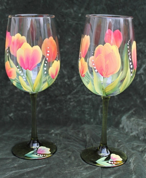 Hand Painted Wine Glasses Set of 2 Tulip American Dream