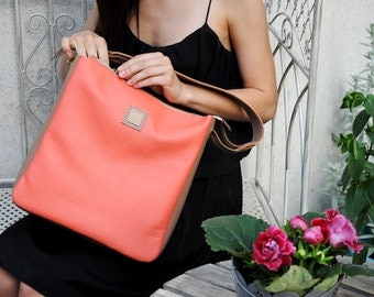 Coral leather handbag, Leather shoulder bag
