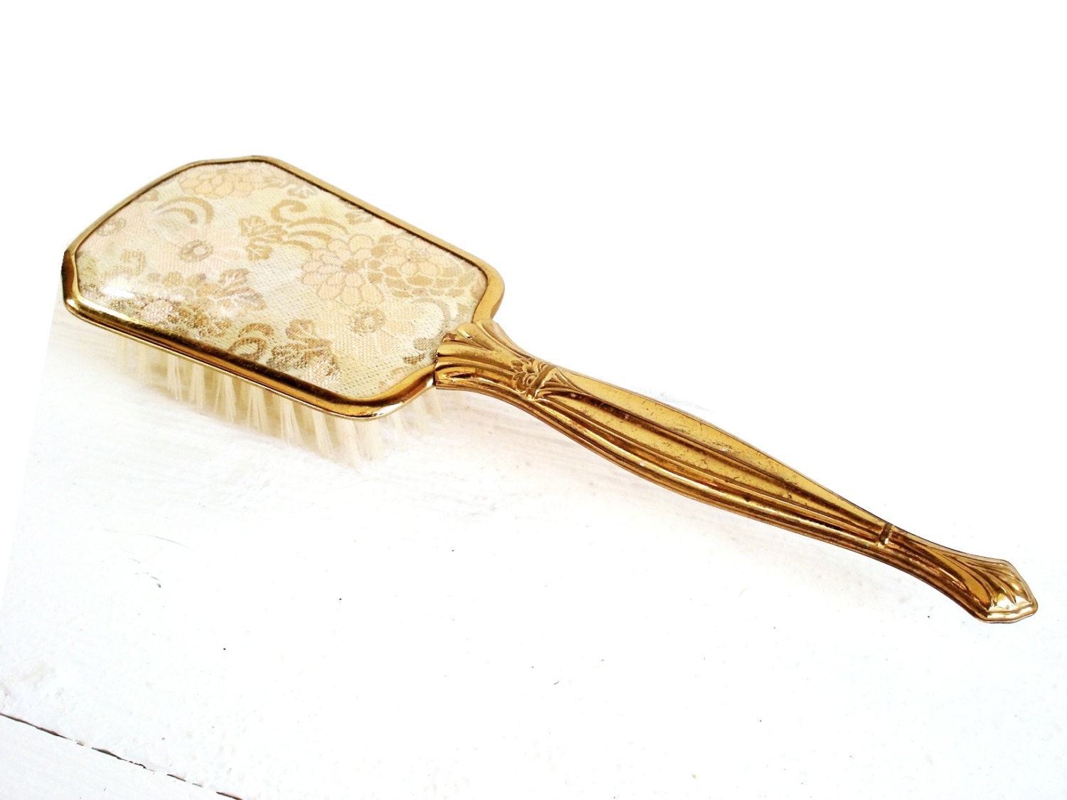 Vintage Hair Brush Gold Metal Floral USA Hair Brush