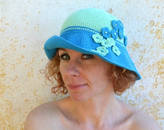 Crochet sun hat, summer wide brim hat, cotton cloche, blue and green