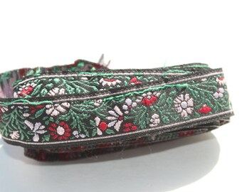 Vintage Embroidered 1/2" Ribbon Trim, Red White Green on Black, Scrapbooking Craft Ribbon 53" x 1"W