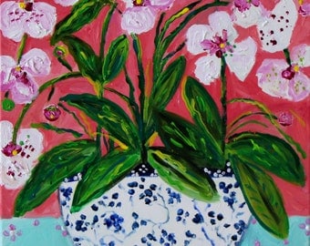 NOW ON SALE! Orchids in Blue and White Ginger Jar Painting, White and PInk Orchids, Framed Flower painting, Still Life, 16" x 20", "Livy"