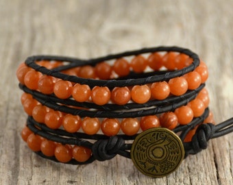 Orange beaded bracelet. Triple wrap bohemian chic bracelet