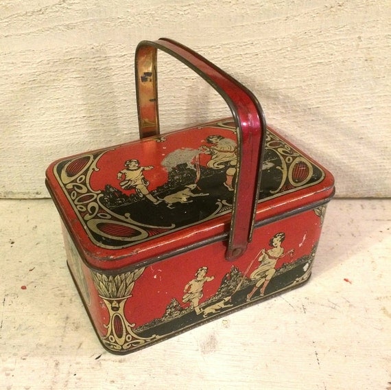 Antique Tin Small Lunch Box Style Vintage Tin Box by tinprincess