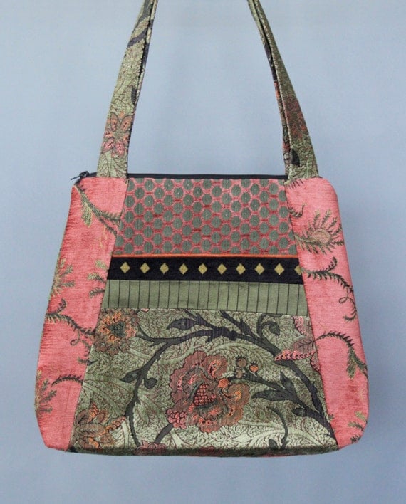 Melon Tapestry Tote Bag in Salmon and Sage Floral Upholstery