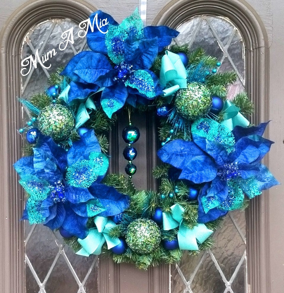 Christmas wreath navy aqua blue holiday decor by MumAMia3 