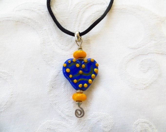 Vintage Art Glass Pendant, Heart on Silk Cord, Cobalt Blue and Orange, Boho Festival Jewelry, Heart Jewelry for Valentine