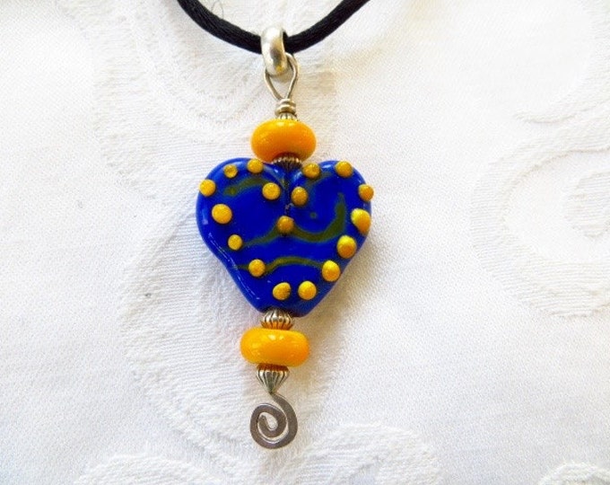 Vintage Art Glass Pendant, Heart on Silk Cord, Cobalt Blue and Orange, Boho Festival Jewelry, Heart Jewelry for Valentine