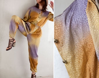 Vintage 80s disco Jumpsuit / purple yellow ombre effect harem Pant jumsuit / long sleeve silky buttoned disco party jumpsuit romper/ S