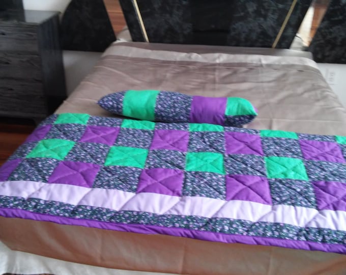 A Purple and Green Queen Bed Runner and one Matching Pillow, Wedding Gift
