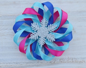 frozen hair bow, frozen hair clip, anna hair bow, snowflake hair clip, flower hairbow, bnna birthday hair clip, hot pink blue and teal clips