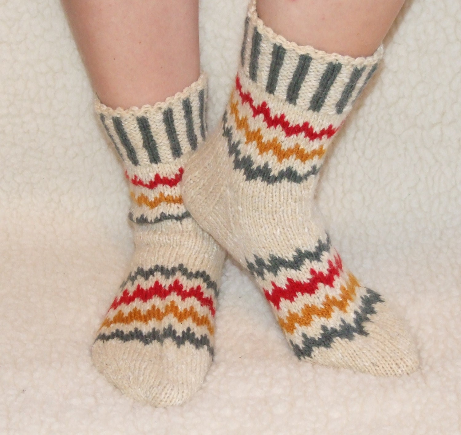 Hand Knitted Wool Socks White Wool Socks for Men or women Wide