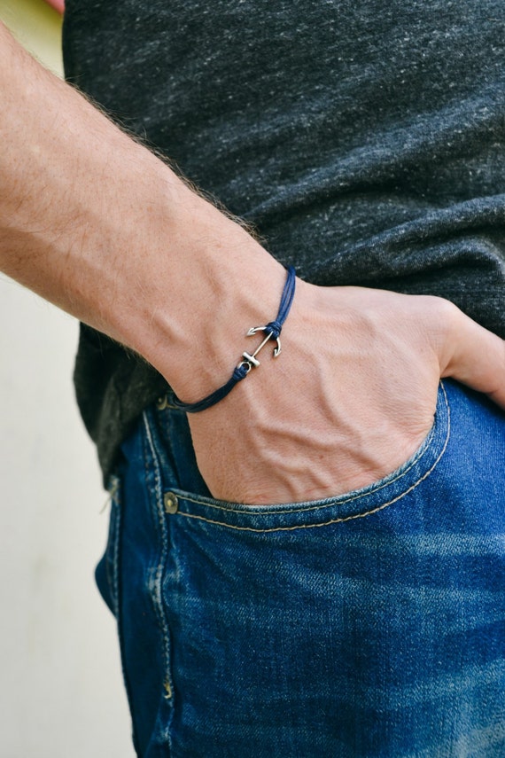 Anchor cord bracelet men's bracelet silver anchor charm