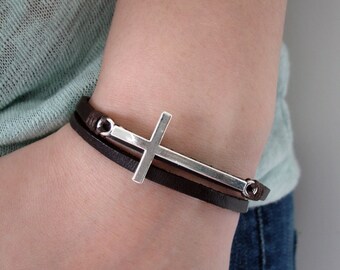 Leather Bracelet, Brown Leather Bracelet, Cross Bracelet, Wrap Bracelet, Leather Jewelry, Mens Leather Bracelet, Womens Leather Bracelet