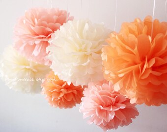 SALE - Warm Sunset - 6 Tissue Paper Pom Poms - for Baby Shower / Baptism / Birthday / Wedding Party Decoration - Fast Shipping
