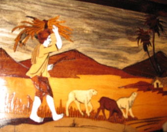 ETCHED WOOD PLAQUE Tending To The Sheep 14 1/2" x 9 3/4" Handmade Landscape Plaque