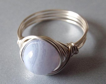 Blue Lace Agate Ring, Wire Wrap Ring, Pretty Blue Ring, Silver Gemstone Ring, Light Blue Ring, Blue Stone Ring, Sterling Silver Filled Ring