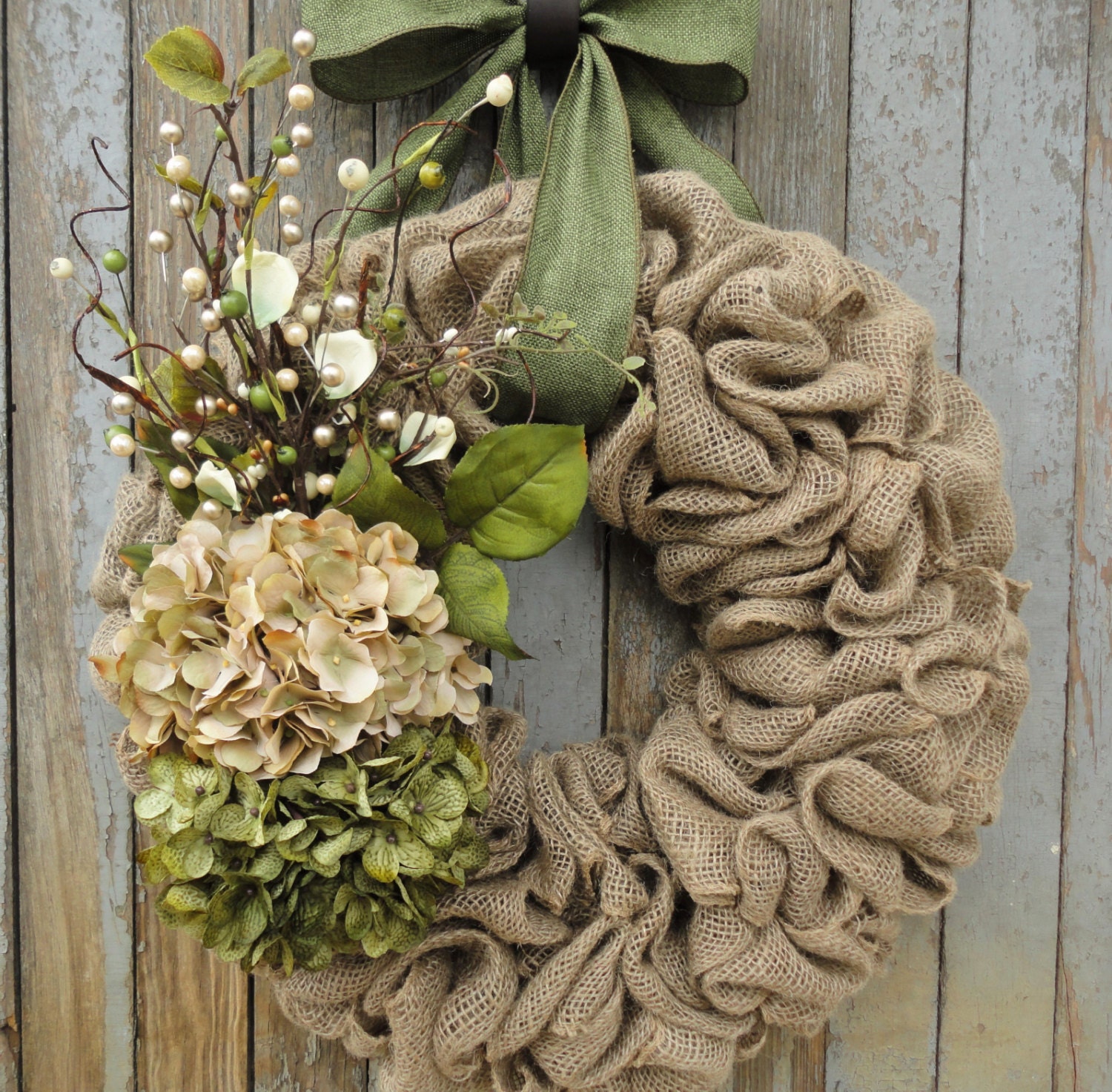 Hydrangea Wreath-Burlap Hydrangea Wreath-Grapevine Hydrangea