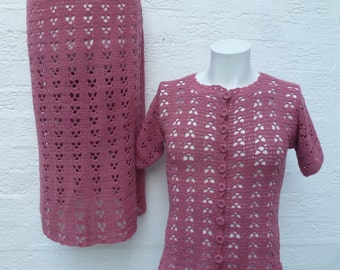 Crochet suit womens festival clothing 70s suit knit vintage handmade clothes womens ladies fashion festival crochet cardigan hippie pink 70s