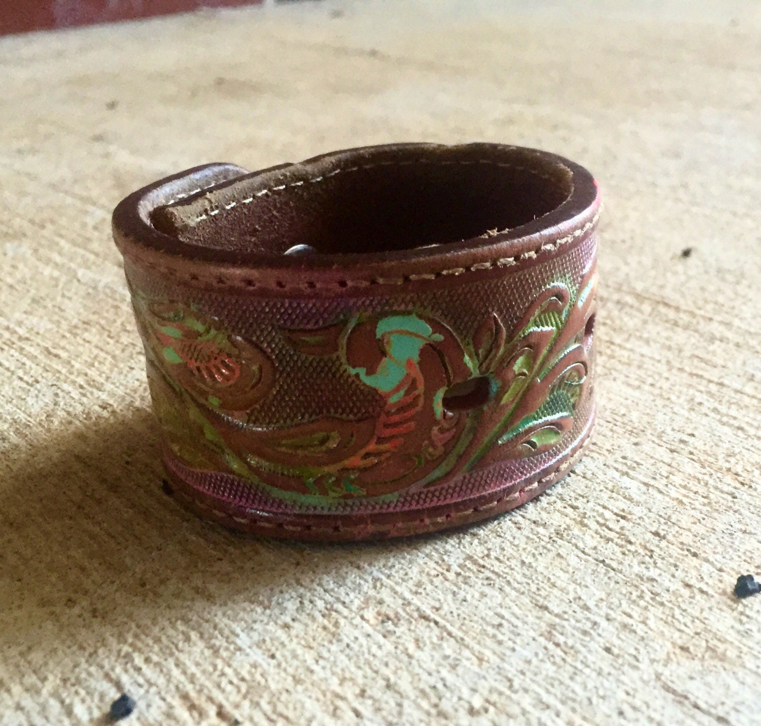 Painted leather cuff. Made from a vintage by BlessMyVintageSoul