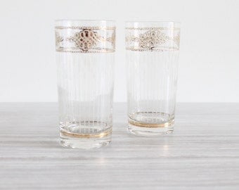 Pair of Vintage Culver Highball Glasses with Ornate Gold Detail
