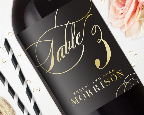 Table Numbers Wedding Wine Labels - Gold Foil and Black - Table Number Stickers - Wedding Centerpiece - Bridal Shower Decorations