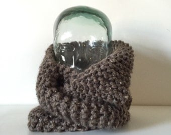 Light Brown Speckled Wool Blend Hand Knit Infinity Scarf