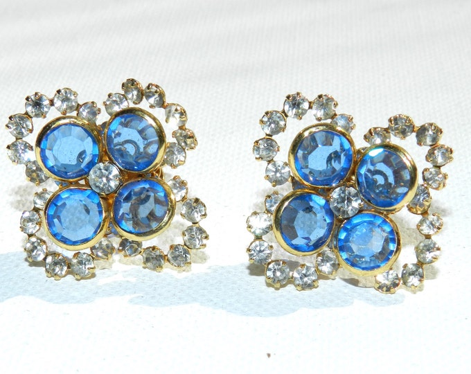 Vintage Bezel Crystal Earrings, Blue Glass Clear crystal earrings, 80s Vintage, Costume Jewelry, Vintage Jewellery, Bridal