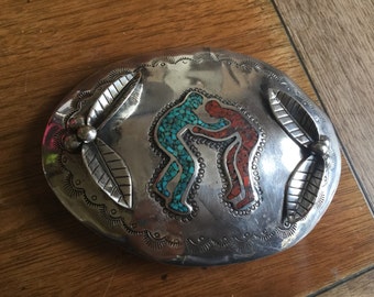 Unusual Antique Navajo Old Pawn Silver Belt Buckle with Men Hugging, signed, Turquoise and Coral