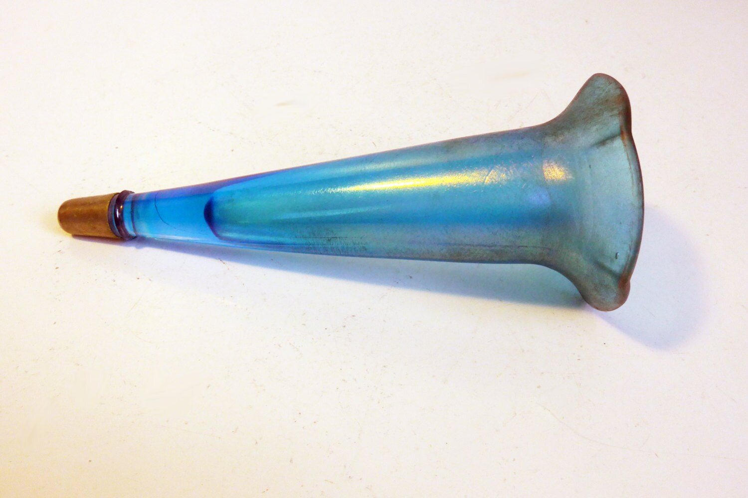 Antique Blue Carnival Glass AUTO Bud or WALL Pocket Car Vase 1920s