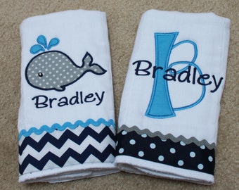 Personalized Burp Cloth Set - Whale Burp Cloth - Monogram Burp Cloth - Burp Cloth Set for Boys - Gift Set for Boys - Shower Gift