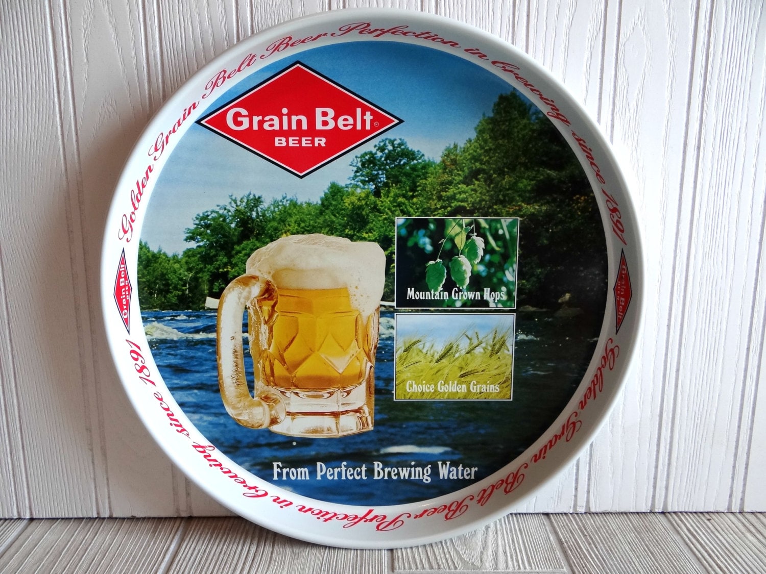 Vintage Grain Belt Beer Serving Tray With Six Libbey Rock