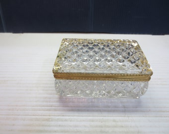 Square Crystal and Brass Lidded Hinged Trinket Box Jewelry Box