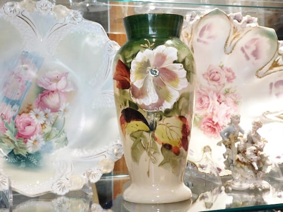 1800s Antique Bristol Glass Vase Victorian Clambroth Opaline Hand Painted Botanical Scene Artisan Hand Blown Glass Cottage Chic Home Decor
