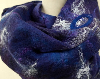 Nuno felt scarf for women, purple blue. Felted silk shawl, handmade.