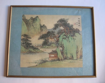 vintage watercolor on silk original painting, marked, asian, framed