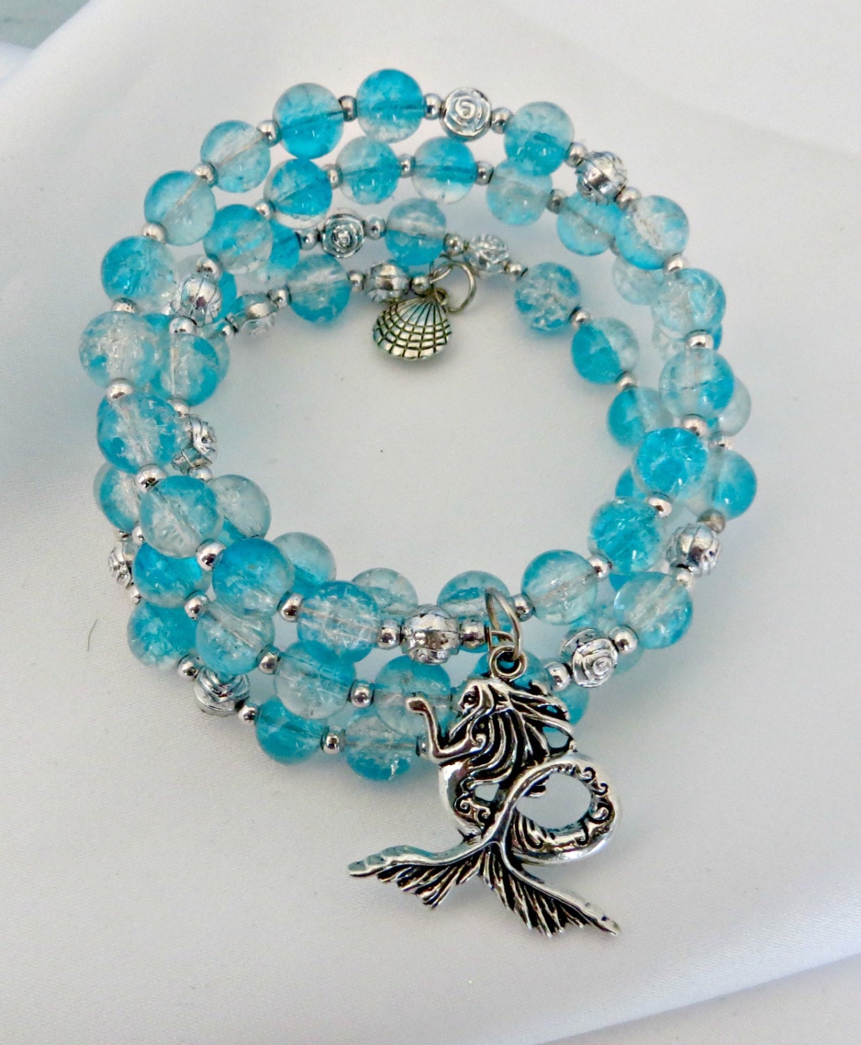 Aqua bead mermaid bracelet_memory wire by CarmelasCoastalCraft